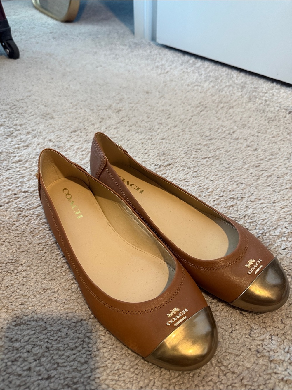 Coach Women’s Tan Leather Ballet Flats with Gold Cap Toe